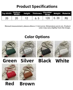 Size chart and dimensions for the stylish quilted square crossbody bag in multiple colors
