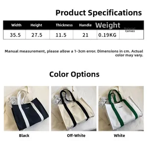 Detailed size parameters and color options for the fashion canvas tote bag