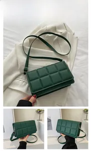 Detailed views of a green quilted crossbody bag with adjustable strap and metal buckle