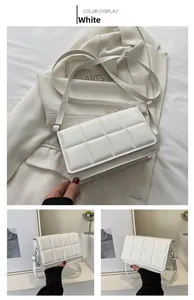 Detail of white quilted crossbody bag showing fine stitching and silver metal hardware