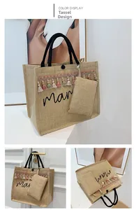 Close-up of linen tote bag with colorful tassels, mama text and matching coin pouch