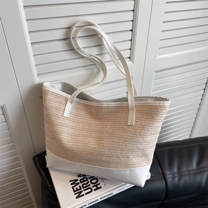 Women Summer Large Capacity Straw Woven Tote Bag Contrast PU Leather Splicing Shoulder Bag Casual Beach Vacation Handbag