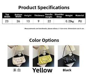 Size chart for ruched cloud bag showing dimensions, PU material, and color options
