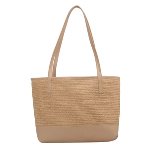 Large woven straw tote bag with khaki leather base and shoulder straps for women