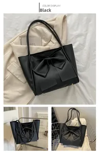 Vues détaillées d'un sac cabas noir avec un grand nœud décoratif pour le quotidien