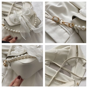 Detail shots of white crossbody bag with large organza bow and pearl handle strap