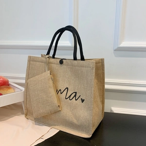Linen Mama tote bag set with black rope handles and matching small pouch