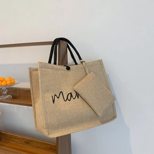 Retro linen tote bag set with black rope handles and hand-stitched embroidery