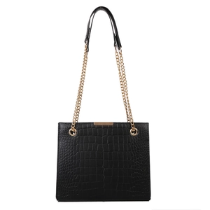 Elegante borsa a tracolla in pelle di coccodrillo nera con catena d'oro chic