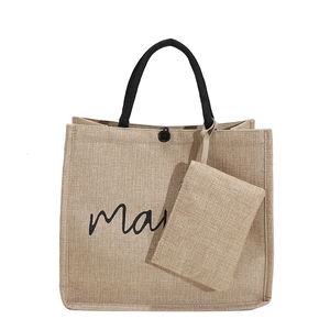 Retro jute tote bag set with black rope handles and cursive calligraphy print