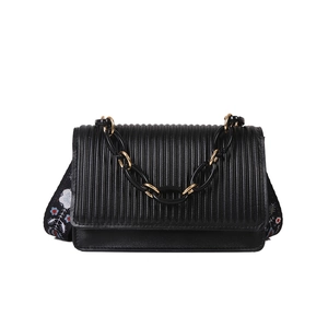 Retro black crossbody bag with pleated texture and floral embroidery shoulder strap