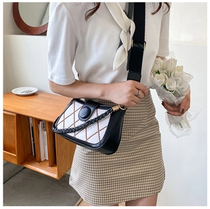 Detail of Korean style crossbody bag with black trim and beige argyle knit pattern