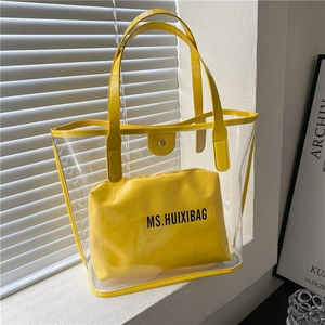 Large Capacity Transparent PVC Jelly Tote Bag With Inner PU Pouch Waterproof Shoulder Bag For Women Beach Travel Work