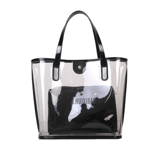 Minimalist transparent PVC tote bag with black glossy trim and inner zipper pouch