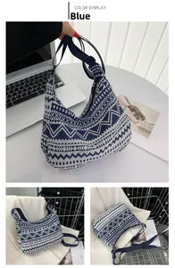 Détails du grand sac cabas à rayures bleues et motifs ethniques pour le quotidien