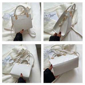 Detail showing white quilted leather handbag with woven handle and gold hardware in four views