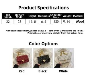 Detailed size chart and specifications for the plaid chain bag in red, black, and white