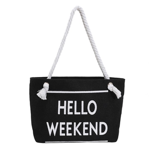 Retro black canvas tote bag with Hello Weekend print and white cotton rope handles