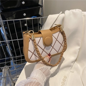 Chic white hobo bag with brown diamond embroidery and khaki leather strap