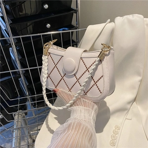 Chic beige underarm bag with diamond quilt pattern and woven handle for women
