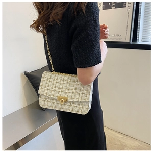 Close-up of beige tweed crossbody bag with gold chain strap and metal lock closure