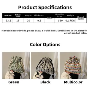 Detailed dimensions of woven drawstring bucket bag available in green black and color