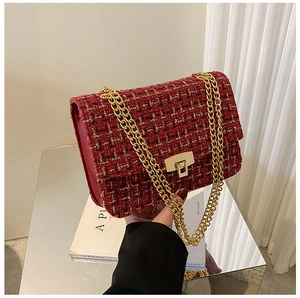 Detail of red tweed shoulder bag with golden chain strap and metallic square buckle