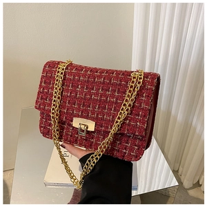 Detailed view of red tweed crossbody bag with gold chain strap and metallic clasp
