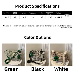 Size chart and dimensions for large woven tote bag with green floral pendant