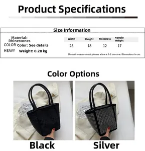 Size chart showing width 25cm, height 18cm for this stylish rhinestone bucket tote bag