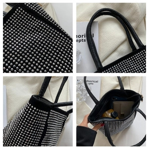 Detail shots of black bucket bag with silver rhinestones and spacious interior view