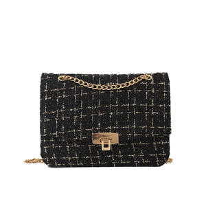 Retro black tweed small square crossbody bag with gold chain strap and turn-lock