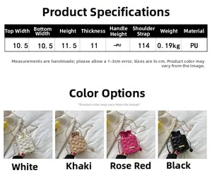 Detailed size chart for drawstring chain bucket bag including 11.5cm height and PU material