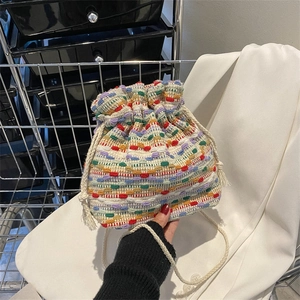 Women Woven Cotton Drawstring Bucket Bag Bohemian Knitted Striped Small Shoulder Crossbody Bag For Vacation Casual Travel