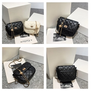 Detailed views of quilted crossbody bags with gold turn-lock and ball chain strap