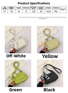 Size chart for solid color crossbody bag with PU material specs and four color options
