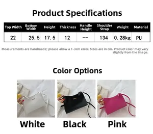 Detailed size specifications for women PU shoulder bag in white, black and pink colors