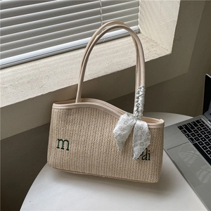 Women Large Capacity Straw Woven Tote Bag With Scarf Decoration Letter Embroidery Summer Beach Vacation Shoulder Bag Handbag