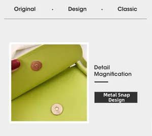 Detail of lime green leather bag featuring a gold magnetic snap closure and neat stitching
