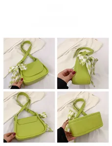 Detailed four-way views of a light green leather crossbody bag with a plaid ribbon bow