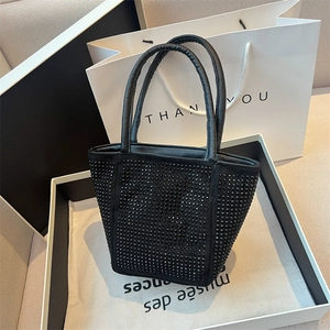Fashion Sparkly Rhinestone Bucket Handbag For Women Shiny Shoulder Bag Elegant Party Tote Bag PU Leather Handheld Purse