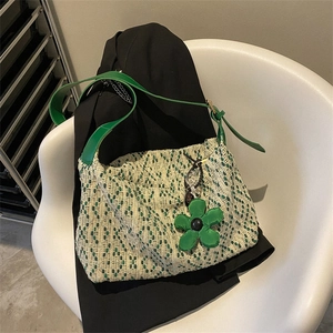 Fashion Woven Tote Bag Large Capacity Shoulder Bag With Flower Charm Bohemian Tweed Daily Retro Travel Hobo Handbag