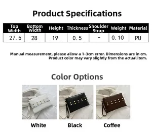 Size chart and specifications for vintage PU leather rivet square clutch in three colors