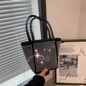 Sparkling black rhinestone bucket bag with double handles for party or casual use