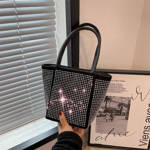 Chic black velvet bucket bag with sparkling silver rhinestones and thin hand strap