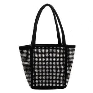 Chic black bucket bag with sparkling silver rhinestones and elegant top handle