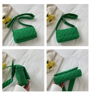 Multiple views of a bright green puffer crossbody bag with quilted rhombic patterns