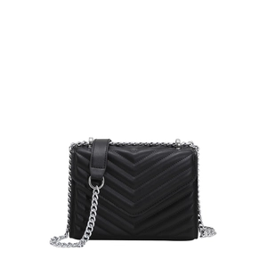 Classic black quilted crossbody bag with chevron stitching and silver chain strap