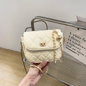 Women Quilted Saddle Bag Gold Ball Adjustable Chain PU Leather Crossbody Bag Turn Lock Small Square Shoulder Bag