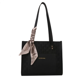 Chic black tote bag with checkered weaving, silk scarf handle and FASHION BAG text